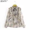 Zevity Women Sweet Floral Print Press Pleat Ruffles Black Lace Up Shirt Lady Long Sleeve Chiffon Blouse Roupas Chic Tops LS9044 210603