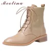 Meotina Winter Ankle Boots Women Natural Genuine Leather Block Heel Short Boots Knitting Round Toe Shoes Lady Autumn Size 34-39 210608