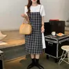 Korejpaa Kobiety Ustaw Summer Koreański Chic Retro Okrągły Neck Loose T-Shirt Side Straps Platformy Szelki Sukienka Dwuczęściowy garnitury 210526