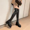 Boots Square Toe Punk Style Oberschenkel hoch f￼r Frauen Heels Plattform Lange Stiefel schwarze sexy Club Party Schuhe echtes Leder 39