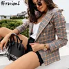 Mode Plaid Jas Office Lady Suits Coat Double Breasted Pocket Slanke Jassen Lange Mouw Plus Size Bovenkleding Herfst Casaco 210513