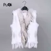 28 Colors Women Genuine Real Rabbit Fur Vest Coat Tassels Raccoon Fur Collar Jacket Waistcoat Wholesale Drop VR032 211122