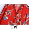 TRAF kvinnor mode tryckta lösa röda blusar vintage långärmad knapp-up kvinnliga skjortor blusas chic toppar 210415