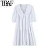 Kvinnor söt mode broderi ruffled vit mini klänning vintage peter pan krage puff ärm kvinnlig klänningar mujer 210507