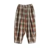 Vår sommarkonst Stil Kvinnor Elastisk Midja Lös kalvlängd Byxor All-matchad Casual Bomull Linen Plaid Harem M520 210512