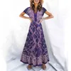 bohemian floral print maxi long dress women v neck ruffle button beach summer dress purple boho holiday dress 210415