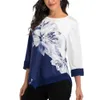 Jocoo Jolee Shirt Women Spring Summer Print Blue 3/4 Sleeve Casual Oregelbundet Hem Block Color Topps Kvinna Plus Size 5XL 210619