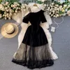 Dresses Sexy Fashion Short Sleeve One Shoulder Black Split Mesh Dress Women Ruffles Patchwork Vestido Feminino Summer Retro 210610