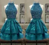 Turquoise Green Satin Homecoming Dresses Halter Neck Sleeveless Crystal Ribbon Ruffles Keyhole Back Short Prom Party Dresses Cocktail Dress