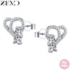 Stud Zemo Real Silver 925 Sterling podwójne kołki z podwójnym sercem z CZ dla kobiet Shinning Crystal Girls039 Ear Jewelry5239902