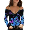 Рубашки женских блузков Женщины сексуальные V шеи холодное плечо кружево топы Градиентная бабочка принт Y2K женщина Blusas с длинными рукавами мода одежда
