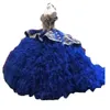 Luksusowe kryształy Zroszony Królewski Blue Quinceanera Dresses 2021 Kaskadowanie Ruffles Haft Wielopoziomowy Spódnica Sweet 16 Sukienka Sweetheart Neck Księżniczka Balowa Suknie Prom Suknie