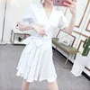 Kadın Yaz Seksi V Yaka Mini Wrap Elbise Moda Zarif Yüksek Beledilmiş Sashes Boho Ruffles Plaj Kısa Elbise Vestidos 210518