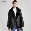 Fitaylor Women Winter Lambs Wool Parkas Fur Collar Zipper Jacket Warm Thick Outerwear Faux Lamb Leather Jacket Moto Leather Coat 211011