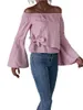 Damskie koszulki T-shirt damskie kobiety słodkie na ramię długie rozkloszowane rękawie bownot folia różowa koszula