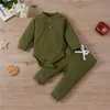Färger Vår Spädbarn Barn pojke Flickor Casual Byxor Suit Ribbed Stickad Solid Färg Bodysuits T-shirts + Elastiska Långbyxor Kläder