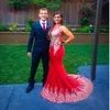 2021 Sheer Neck Black Red Formal Evening Prom Dresses Koraliki Prawdziwy obraz Haft Z Długim Rękawem Okazja Pageant Party Suknie Arabska Plus Size Sukienka