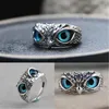 Retro Blue Eye Owl Adjustable Silver Rings With Side Stones Cute Men and Women Simple Design Animal Ring jewelry wholesale