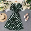 Summer Vintage Red Polka Dot Dress Women V Neck Sash Tie Up Midi es A-line Beach Bohemian 210430