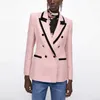ZA elegante chaqueta rosa texturizada mujer manga larga contraste ribete doble botonadura Blazers mujer moda lindo abrigo prendas de vestir exteriores 211006