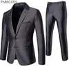 Męska 2 sztuka Eleganta Garnitury Tuxedo z Spodnie Marka Slim Fit Dwa Przyciski Formalne Biznes Dress Garnitur Mężczyźni Kostium Mariage Homme 210522