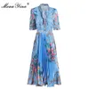 Fashion Designer dress Summer Women's Dress Short sleeve Bow collar Lace Flower Print Pleated Elegant Dresses 210524