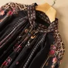 2022 Spring Long Sleeve Stand Collar Black Leopard Print Paneled Buttons Chiffon Long Maxi Dress Elegant Elastic Midje Casual Dresses 21D1611179703014