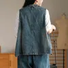 Johnature Spring Patchwork Vintage Denim Vest V-neck Button All-match Loose Leisure Retro Fashion Women Tops Vest 210521