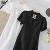 LY VAREY LIN летние женщины повседневная слойная рукава высокая талия белый черный короткое платье элегантный стенд воротник вышивка Cheongsam 210526