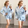 Restve Feathers Pajamas Women 2 Piece Set Long Sleeve Turn Down Collar Top Pockets Autumn Casual Night Suits With Shorts Satin 211112