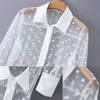 Hirigin Kadınlar Şık Polka Dot Patchwork Şeffaf Midi Gömlek Elbise Uzun Kollu Kadın Chic Seksi Örgü Elbiseler Vestidos 210323