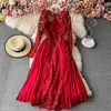 Neploe Elegant Lace Patchwork Hook Flower Chiffon Dress Women High Waist Hip A Line Long Vestidos Spring Long Sleeve Robe Solid 210423