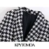 Women Fashion Double Breasted Houndstooth Tweed Blazers Coat Vintage Long Sleeve Frayed Trim Female Outerwear Chic Tops 210416