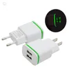 Dual USB-portar Fast Wall Charger EU US LED Light Mobile Telefon Travel Cower Charger Adapter för Samsung Smartphones