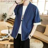 Japanska Kimono Men Blouses Man Hawaiian Shirt Cardigan Streetwear Svart Kortärmad Linne T-shirts KZ2006 210721