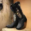 Mulher Bordado Botas Mild-Bezerro Botas Feminino Casual Baixo Salto Botas Vintage West Cowboy Outono Inverno Sapatos de Couro Mulheres H0906