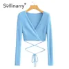Sollinarry Sexy v-neck solid women short cardigan autumn High street Lace up long sleeves sweater Casual slim cardigans female 210709