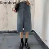 Korobov High Waist Hip Split Design Denim Skirt Kvinnor Koreansk Knapp Design Straight Jupe Femme Sommar Nya Outwear Faldas 210430