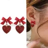 Red Color Small Bow Drop Dangle Earrings for Women Heart Shape Bowknot Christamas Earring Girl New Year Festival Jewelry