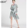 Dames Asymmetrische Bow Organza Metalen Button Runbay Jurk Stand Hals Long Puff Sleeve Mode Lente Herfst 2F0289 210421