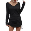 Women Dress Female Long Sleeve V-Neck Ruched Pencil Outfits Elegant Ladies Solid Color Spring Autumn Clothing 210522