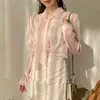 Women Tops Lace-up Sunscreen Blouses Summer Long Sleeve Fashion V-neck Chiffon Blouse Bow Clothes Blusas 13863 210417