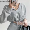 Womengaga Lange Gray Hooded Button Sweatshirt Dames Korte Taille Taille Knit Jas Herfst Losse Lange Mouwen Top 8E0W 210603