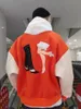 Jaqueta Hip Hop Varsity Masculina Letra Bordada Color Block College Feminina Harajuku Street Casacos de Beisebol Unissex Laranja