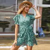 Muiches V Yaka Ruffled Çiçek Elbise Kadın Fransız Elegance Yüksek Bel Mini A-Line Elbise Yaz Tatil Ülke Tarzı 210715