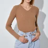 GCAROL hiver femmes col en V doux chaud minimaliste pull Stretch rayures motif tricot pull élégant côte tricot 2XL 211018