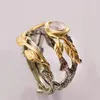 Wedding Rings Vintage Gold Metal Leaves Ancient Two-tone Withered Branch Vines Resin Stone Finger Ring Tribal Jewelry