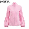 Dégagement Femmes Blouse Rétro Rose À Carreaux Coton Chemises Lanterne Grille Manches Longues Ruché Col Roulé Bouton Tops Blusas Casual 210527