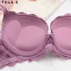 Brand Sexy Push Up Bra Deep V Brassiere Thick Cotton Women Underwear Lace Purple Embroidery Flowers Lingerie A B C Cup Bras 211217