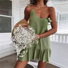 Sexy Spaghetti Strap Ruffle Dress Women Summer Cotton Linen Vestidos Green es Off Shoulder Mini Sundress 210517
